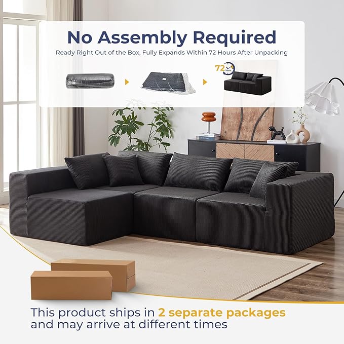 104 Corduroy Modular Sectional Viral Cloud Couch with ChaiseCloud Sectional L-ShapedSofa Bed for Living RoomMemory Foam Compressed Boneless Couches in a BoxNo Assembly RequiredBlack