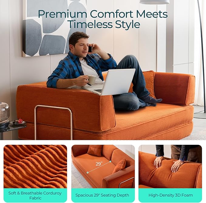 LINSY HOME Sofa Bed Couch - Convertible Boneless Couch Bed with 2 Pillow (Orange) | Folding Sofa Bed Corduroy Material No Assembly Compressed Sofa Couch in a Box