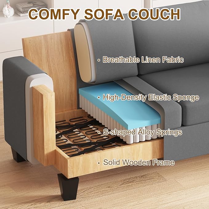 Furnimart Sectional Couches for Living Room Modern 2 Loveseats and 3 Seater Couch Deep Seat Sectional Sofa Set Comfy Fluffy Grey Couch with Removable Sofa Cover Dark Grey
