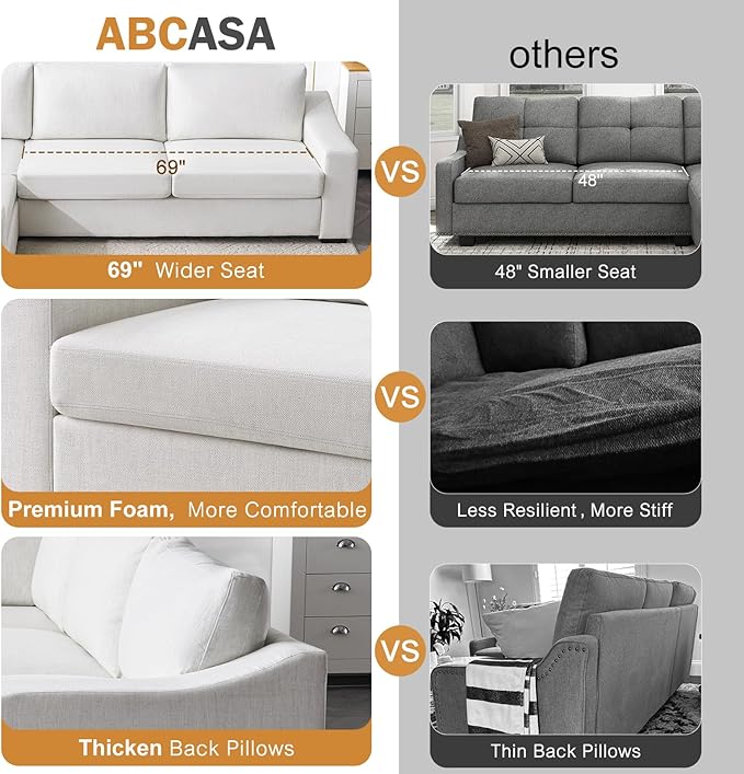 ABCASA 112 Oversized V-Shaped Modular Sectional Couch with Chaise Corner Sectional Sofa 5-Seater Deep Seat Cloud Couch Reversible Corner Upholstered Soft Linen Couches for Living Room Ivory | Brea