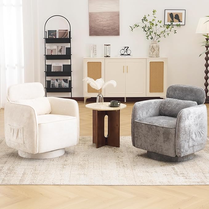 Large Swivel Accent Chair Chenille Round Barrel Chair Upholstered Armchair for Living Room Bedroom Modern Round Armchair Single Sofa with Adjustable Headrest Grey