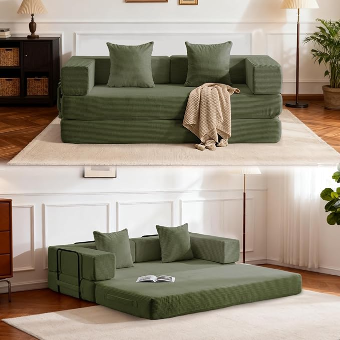4 in 1 Convertible Sleeper Sofa Bed78’’ Compression Folding Sofa Bed with Pillows &amp Side Pockets Fold Out Floor Couch Boneless Couch for Living RoomBedroomGreen