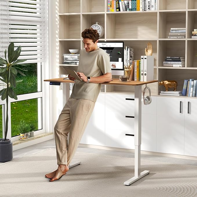 Giantex Electric Standing Desk Height Adjustable Stand up Desk with 3 Memory Heights 2 Hanging Hooks 2 Cable Management Holes Sit Stand Home Office Computer Desk (Natural 48x24 Inch)