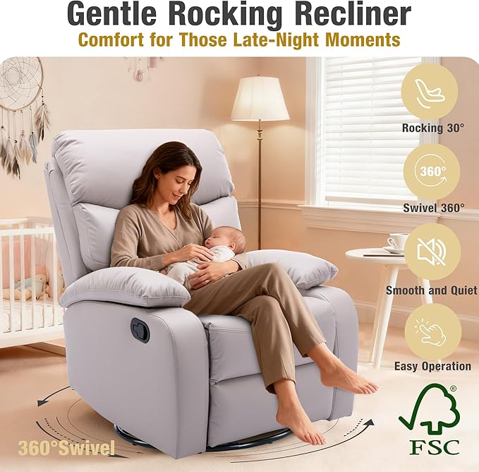 Swivel Rocker Recliner Chair for Adults Rocking Small Recliner Chairs for Small Spaces Glider Chairs Recliner Lazyboy Single Sofa for Nursery Living Room RV Beige