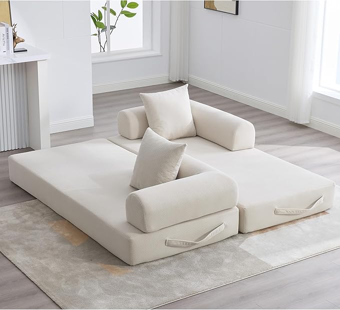 Convertible Sleeper Sofa Bed with Fixed-Shape Frame Modern Corduroy Folding Boneless Couch with 2 Pillows Comfy Floor Sofa Couch for Living Room No Assembly Required (Beige White)