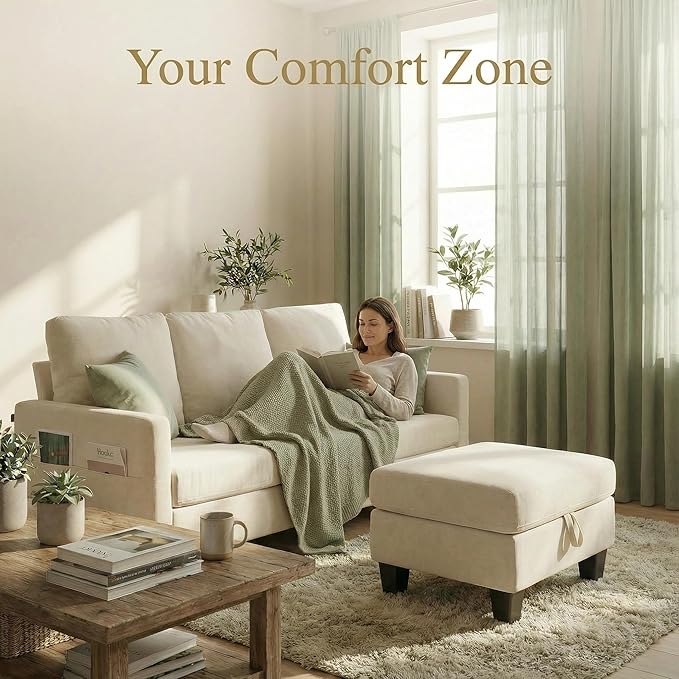 Furnimart Modern Small 3-Seater Sofa Set with Storage Ottoman Compact Couch for Small Space Chenille Fabric Solid Wood Frame Side Pocket &amp Storage Footstool Living Room Apartment(Beige)