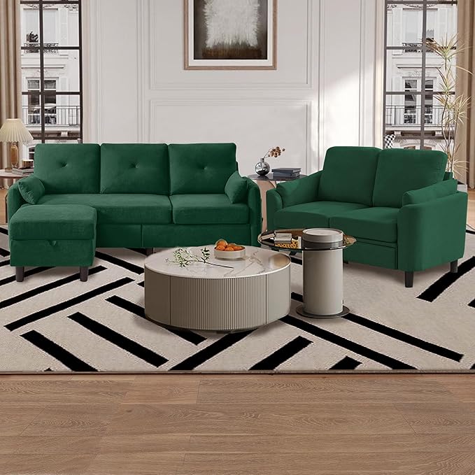 2 Piece Sofa Set Modern 3 Seater Sofa and Loveseat Sets Convertible Sectional Couch with Reversible Chaise L Shaped Couch Sets for Living Room ApartmentGreen