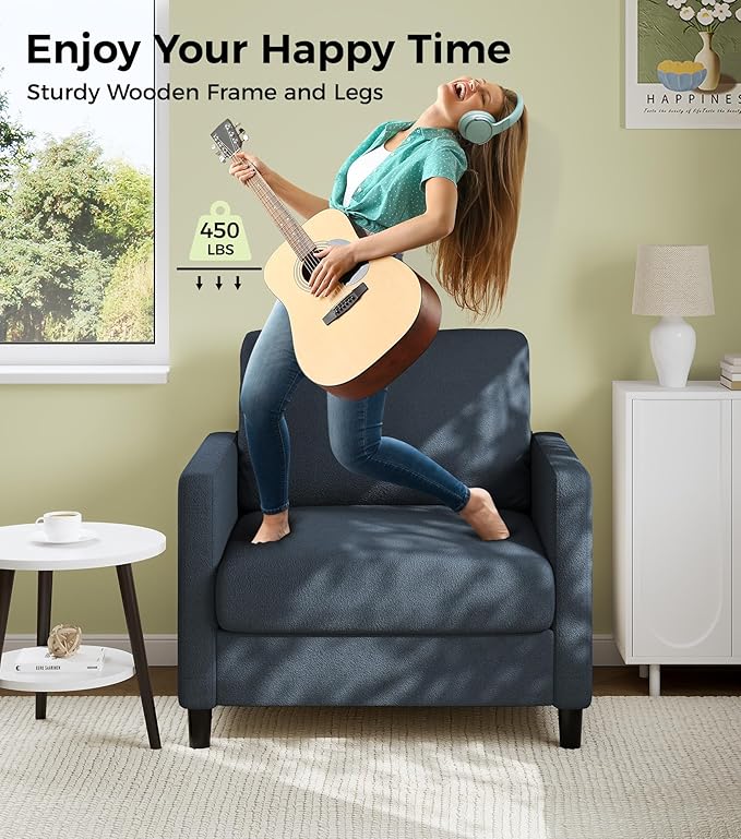 Sofa Accent Chair 33 Reading Chair for Bedroom Tool-Free Setup Living Room Accent Chairs Comfy Arm Chairs Living Room All-Wood Reading Nook Blue Grey