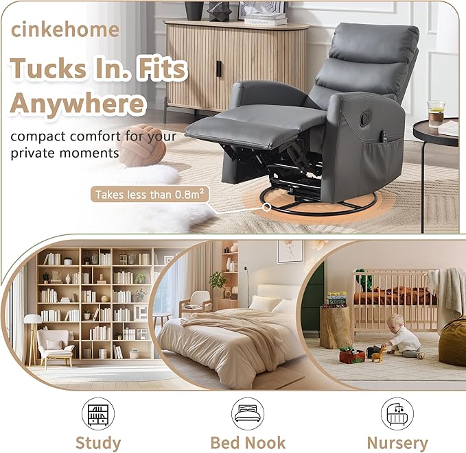cinkehome Small Swivel Rocker Recliner Chair with Heated Massage Upholstered Nursery Glider Recliner Chair High Back Side Pocket (Grey PU Leather)