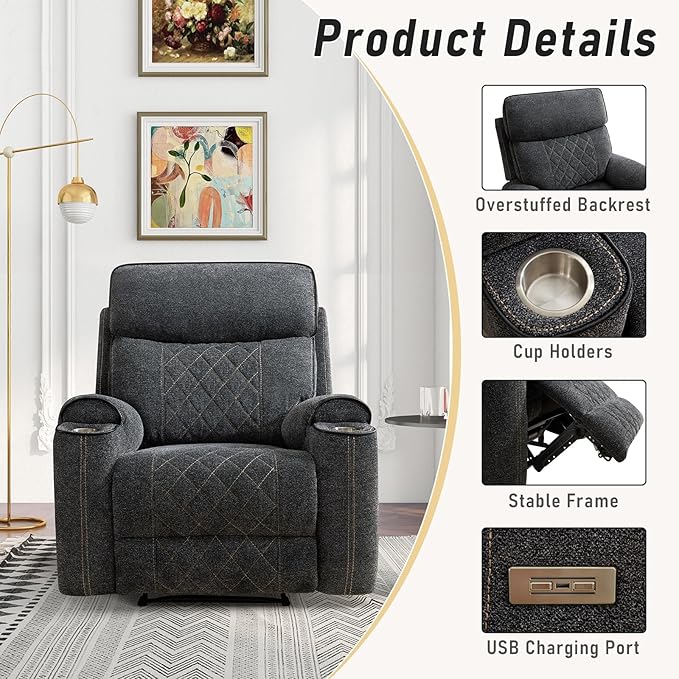 Electric Recliner Chair Set of 2 Soft Fabric Power Recliners with Metal Cup Holders Single Overstuffed Heavy Duty Reclining Sofa Chairs for Living Room Bedroom Dark Grey