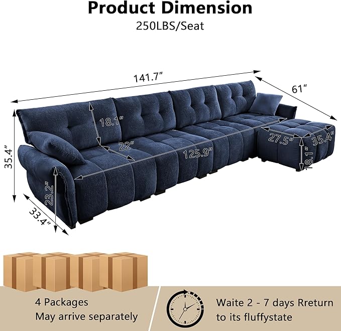 Aoowow Modular Sectional Sofa with Movable Ottoman 141.7” Chenille L Shaped Sofa Couch Upholstered Comfy 4-Seater Couches with Pillows for Living Room Apartment OfficeBlue