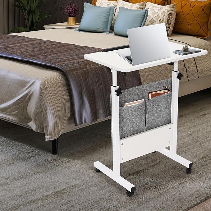 Mobile Standing Desk Rolling Laptop CartPortable Table with Wheels White Computer Workstation for Home Office