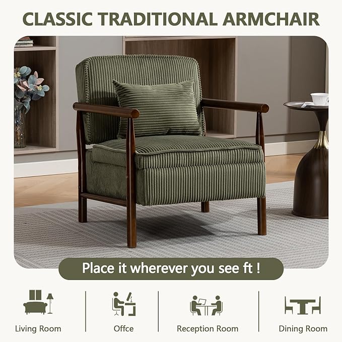 Green Accent Chair with Storage 24 W Mid Century Modern Chair with Cushion Upholstered Corduroy Reading Chair with Wooden Legs Comfy Arm Chairs for Living Room Bedroom (Green)