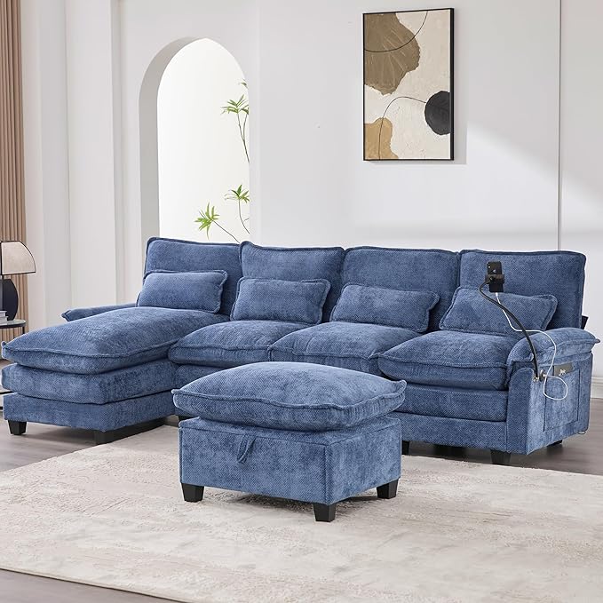 U Shape Sectional Sofa Cloud Couch 106.7 Modern Chenille Comfy Modular Couch with Storage Ottoman 4 Seat Upholstery Sofas with USB Port &amp Phone Holder for Living Room Navy Blue