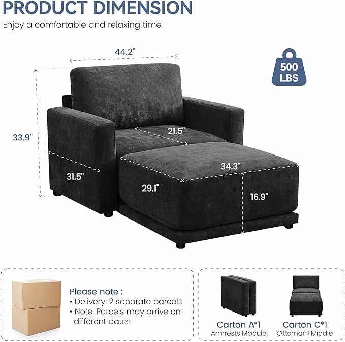 44.2 Oversized Sofa Chair with Ottoman Upholstered Accent Chair with Thick Cushions Single Sofa Lounge Chenille Comfy Reading Chair for Living Room Easy Assembly Black