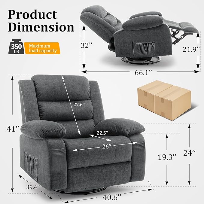 Recliner Chair Wide Rocker Chair Rocking Chair with Massage and Heat360°Swivel Nursery Rocking Chairs Oversized Recliner for Adults Cashmere Reclining Sofa for Living Room Grey