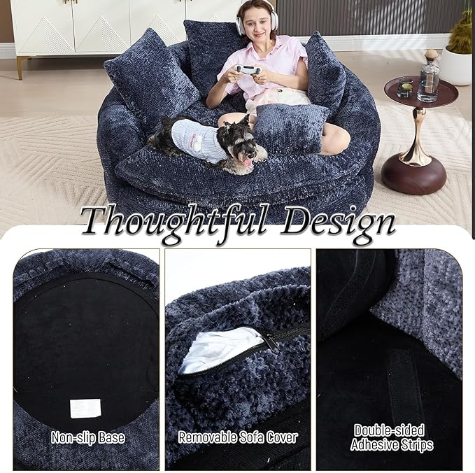 54 Oversized Round Chair Couch Lounge Chaise Indoor Comfy Boneless Sofa for Living Room Cloud Large Circle Couch Chair with 5 Pillows Fluffy Modern Sleeper Sofa Bed for Reading (Blue)