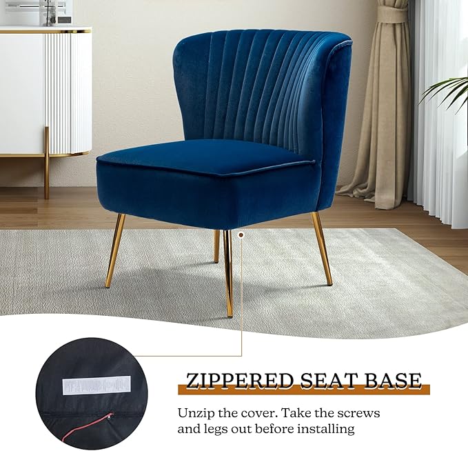 HULALA HOME Velvet Accent Chair Modern Upholstered Cute Side Chair with Gold Metal Legs Armless Wingback Slipper Chair Comfy Living Room Chair for Bedroom Guest Room Vanity Navy