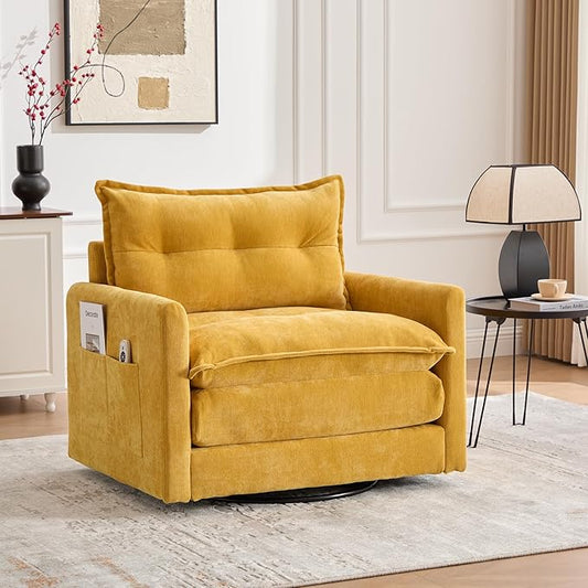 36.2” Swivel Accent Chair with Side Pockets Mid Century Modern Armchair with Solid Metal Base Comfy Single Sofa Chair 360 Degree Swivel Barrel Chairs for Living Room Bedroom (Mustard Yellow)