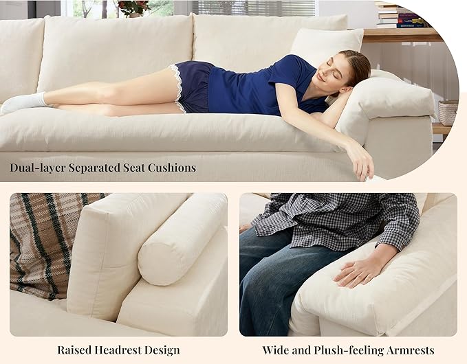 Jocisland 108-Inch Boneless Sofa No Assembly Required Cloud Sofa with Memory Foam Oversized L-Shaped Couch with Deep Seat and Oversized Chaise Modern Chenille Sectional for Living Room White