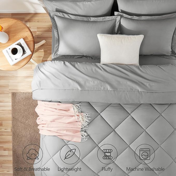 CozyLux Oversized King Comforter Set Light Grey 7 Pieces Bed in a Bag Comforter Set with Sheets All Season Bedding Set with Down Alternative Comforter Sheets Pillowcases &amp Shams