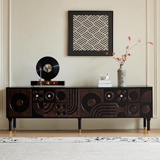 Modern TV Stand for 75 inch TV 66.9 Entertainment Center with Carved Geometric Doors TV Console with 4 Cabinet Storage Retro Art-Inspired Media Console for Living Room/Bedroom - Black