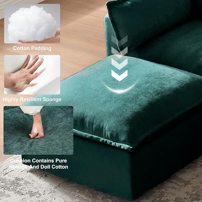 93.31 Inch L-Shaped Couch Sofa with Ottoman Modular Sectional Sofa with 4 Seats and Pillows for Home Living Room Modern Chenille Fabric Large Comfy Cloud Couch DIY Combination (Green-93inch)