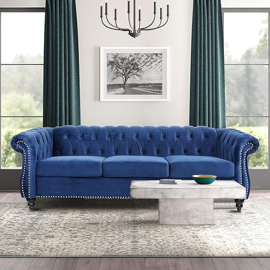 ONCIN Velvet Chesterfield Sofa 84'' Modern Tufted 3 Seater Couch with Scroll Arms and Wood Legs for Living Room Bedroom (Blue) Blue Velvet 84 In Chesterfield Sofa