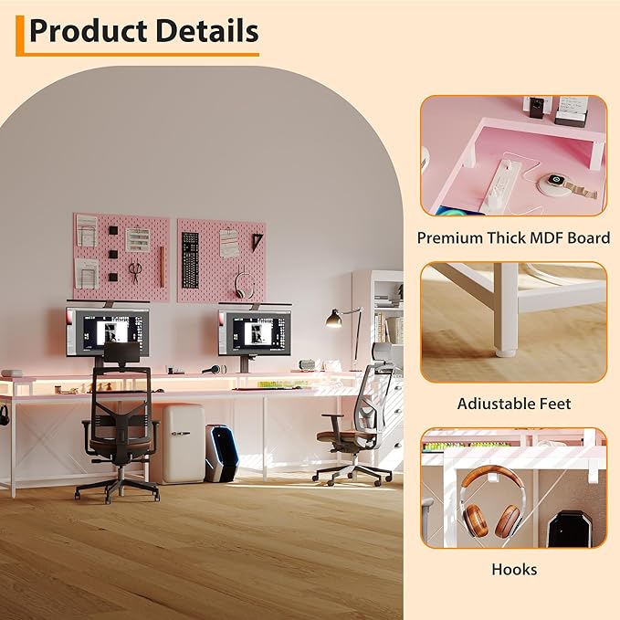 78 Inch Large Computer Desk with Power Outlets &amp USB Ports u Shaped Corner Desk with RGB LED Lights Monitor Stand &amp Storage for Home and Office Pink