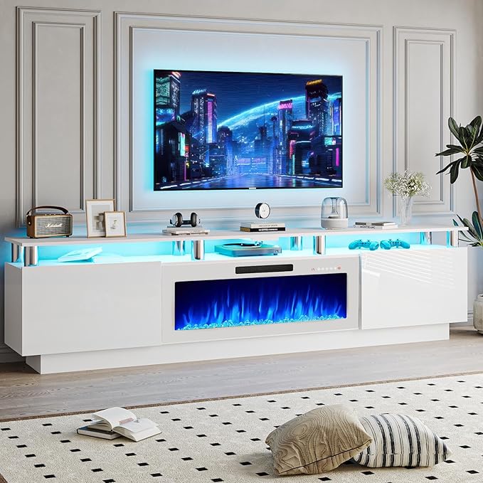 80 Modern Fireplace TV Stand with 36 Electric Fireplace for TVs Up to 90 inch Luxury LED Light Entertainment Center with High Gloss Cabinet White + Silver Posts with White Fireplace