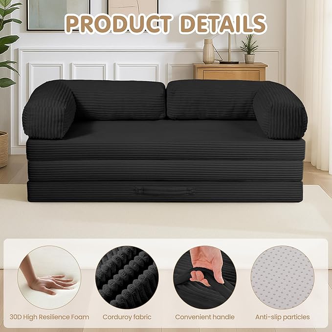 5-in-1 Convertible Sofa Bed54 Boneless Couch Tri Folding Floor Mattress with Removable L-Shaped Armrests &amp HandleCorduroy Futon Couch Sleeper with Pull Out Bed for Living Room Bedroom Apartment