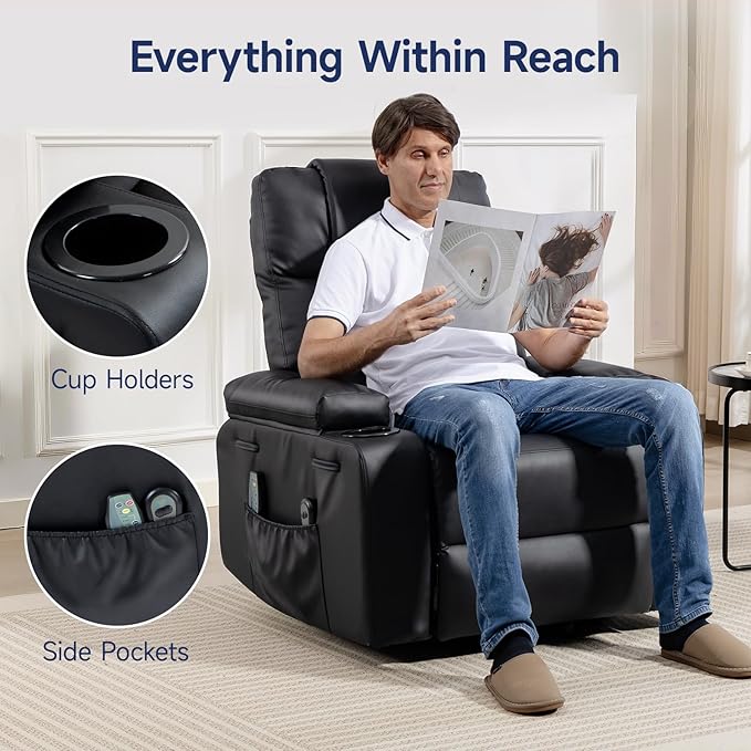 Power Lift Recliner Chair for Elderly with Massage &amp Heat 160° Adjustable PU Leather Electric Recliner with Remote Cup Holders Side Pockets and Stand Assist for Living Room Bedroom (Black)