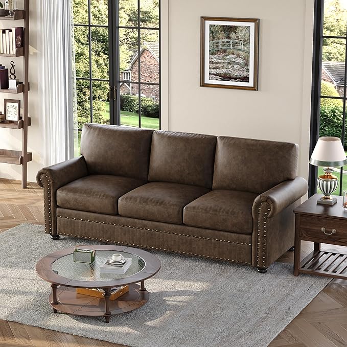 ONBRILL Faux Leather Sofa 84 Inches Nailhead Trim Couch for Living Room Mid-Century Modern Deep Seat Sofa with Rolled Arms Classic 3 Seater Couch for Apartment Office Brown