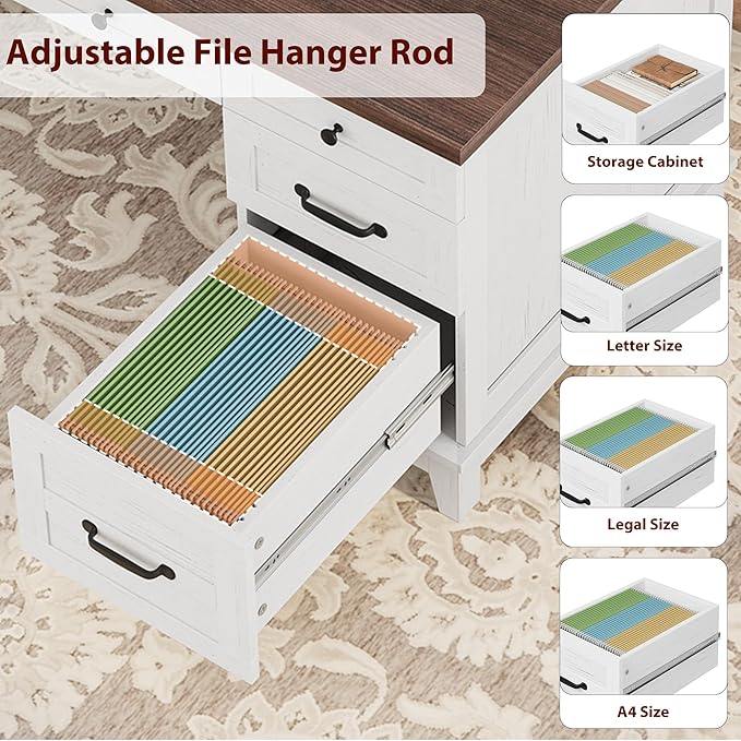 GAOMON 54.5in Wooden Executive Desk with Drawers Office Desk Computer Table with Charging Station Farmhouse Home Office Desk with File Cabinet Storage for Study and Home Office White Walunt