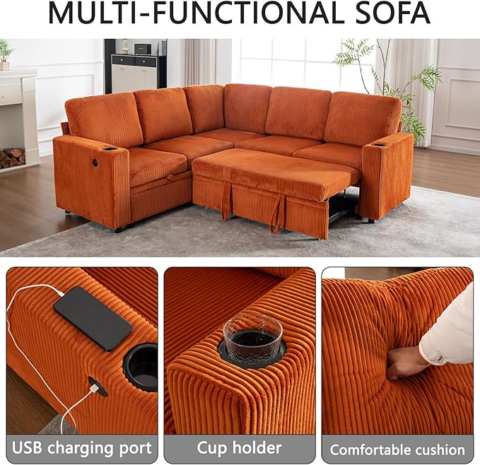 83 Modular Sectional Sleeper Sofa with Pull Out Bed Plush Corduroy L-Shaped Corner Couch with Storage USB Charger Cup Holders 5-Seater Sectional Couches for Living Room Apartment Orange