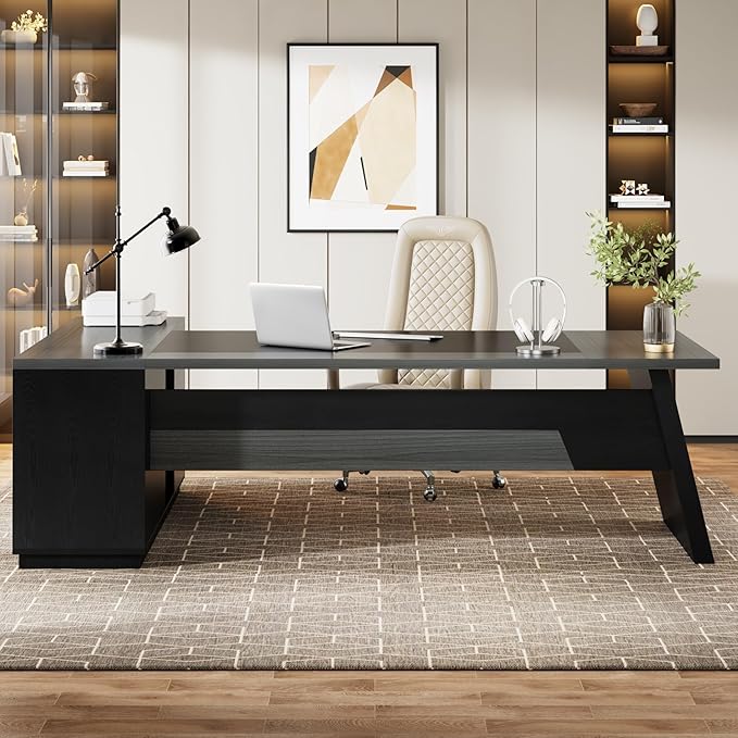 Tribesigns 78 L-Shaped Executive Desk Large Modern Office Desk with Drawers and Lateral File Cabinet Business Furniture with Storage Shelves Big Computer Desk for Home Office (Grey + Blcak)