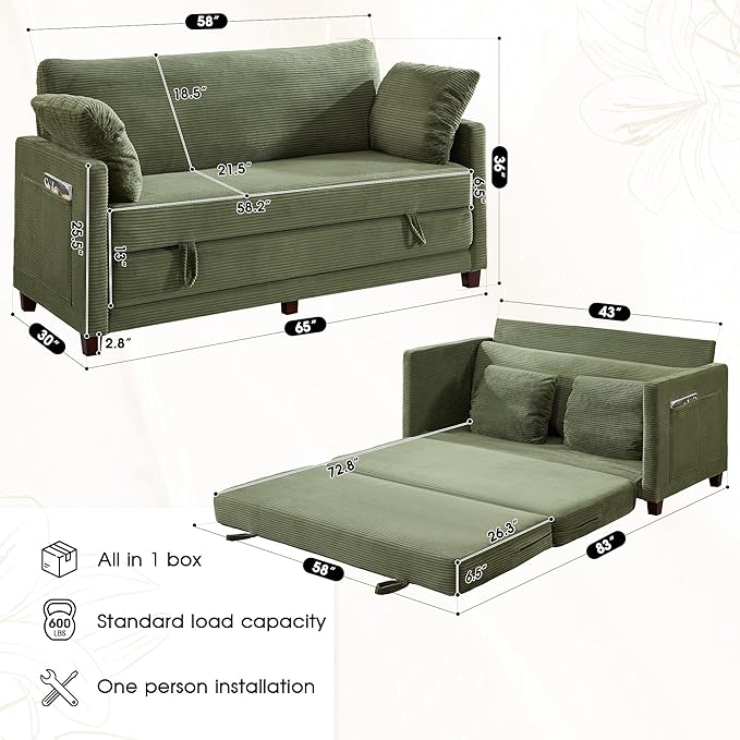 65 Convertible Loveseat Sofa Bed 2-in-1 Folding Sofa Bed with 2 Pillow for Small Spaces Modern Loveseat Sleeper Couch for Apartment Living Room &amp Guest Room (Green Corduroy 65 inch)