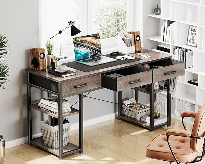 ODK Office Small Computer Desk: Home Table with Fabric Drawers &amp Storage Shelves Modern Writing Desk Grey Oak 48x16