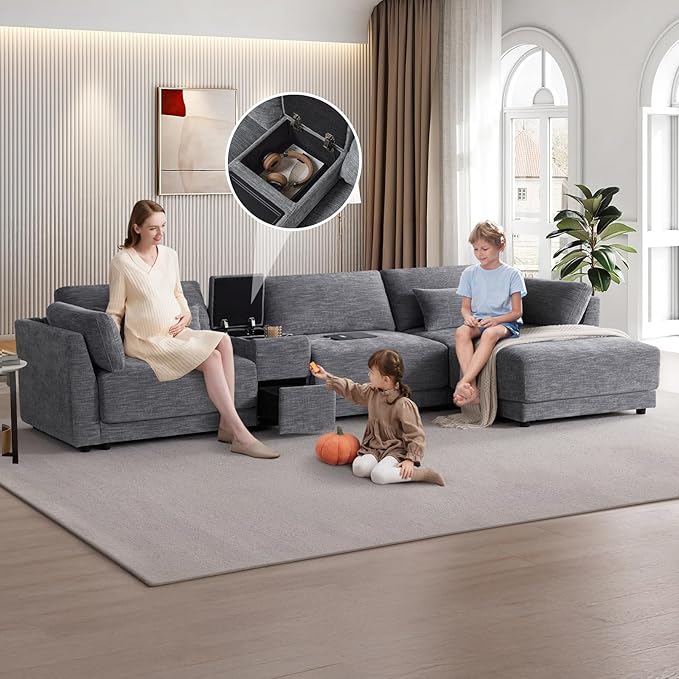 124 Modular L-Shaped Sectional Sofa with Storage Console Movable Ottoman &amp USB/Wireless Charging - 33 Wide Seats 12 Thick Cushions 4-Piece Chenille Couch for Living Room &amp Apartments (Gr