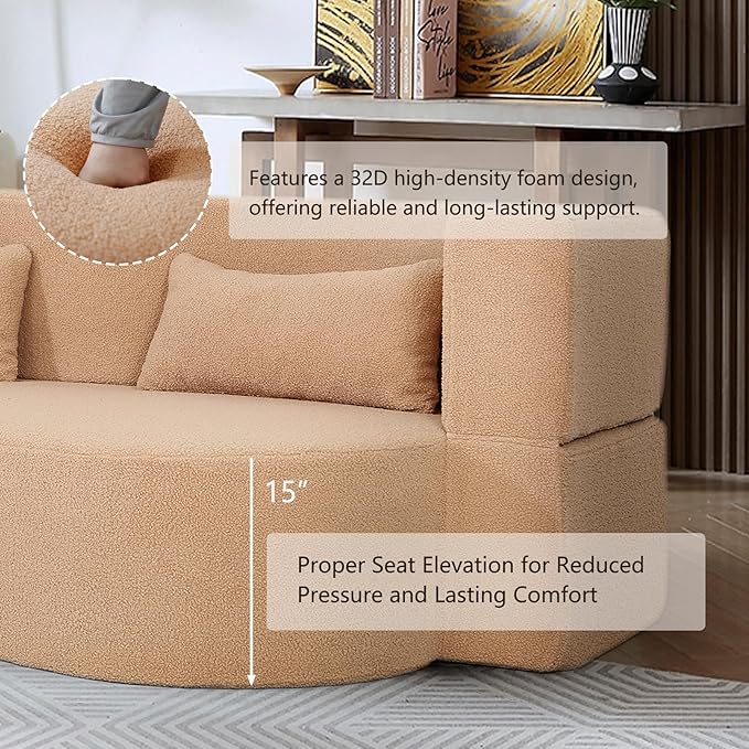 2-in-1 Convertible Sofa Bed 79 Memory Foam Boneless Couch Bed Full Size Love Seat Sleeper Sofa Floor Couch Loveseat with 2 Pillows for Living Room Bedroom Apartment Office (Apricot 79)