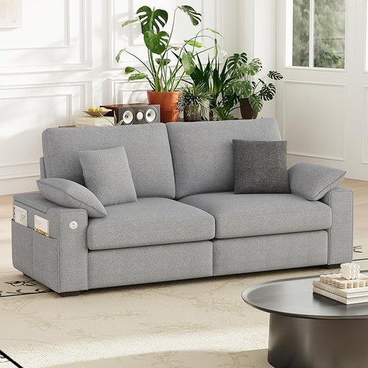 76 Loveseat Couch 3 Seater Upholstered Midcentury Mondern Love Seat with USB Type C Ports 4 Pillows and Storage Armrest Cloud Foam Sofa for Living Room/Small Spaces Grey | Breathable material
