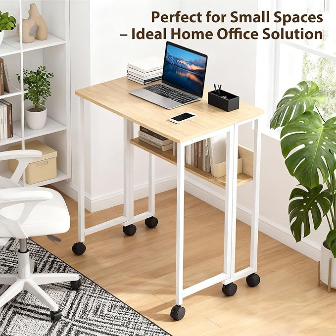 GAOMON 24.8 Folding Desk Rolling Desk with Storage ShelfSpace-Saving Foldable Computer Desk with WheelsPortable Mobile Couch Sofa Side Table for Small Spaces Home Office Study Easy AssemblyOak
