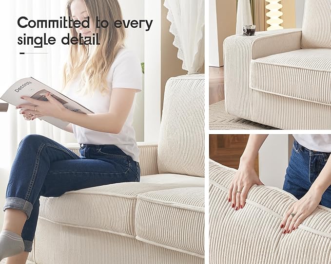 VanAcc Sofa Comfy Couch- Deep Seat Sofa Modern Couch with Cup Holders &amp USB Charging Ports Sofa Chair for Living Room(Beige Corduroy)