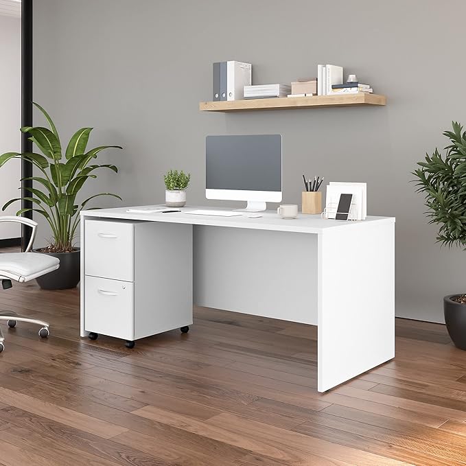 Bush Business Furniture Studio C 66W x 30D Office Desk with 2 Drawer Mobile File Cabinet in White