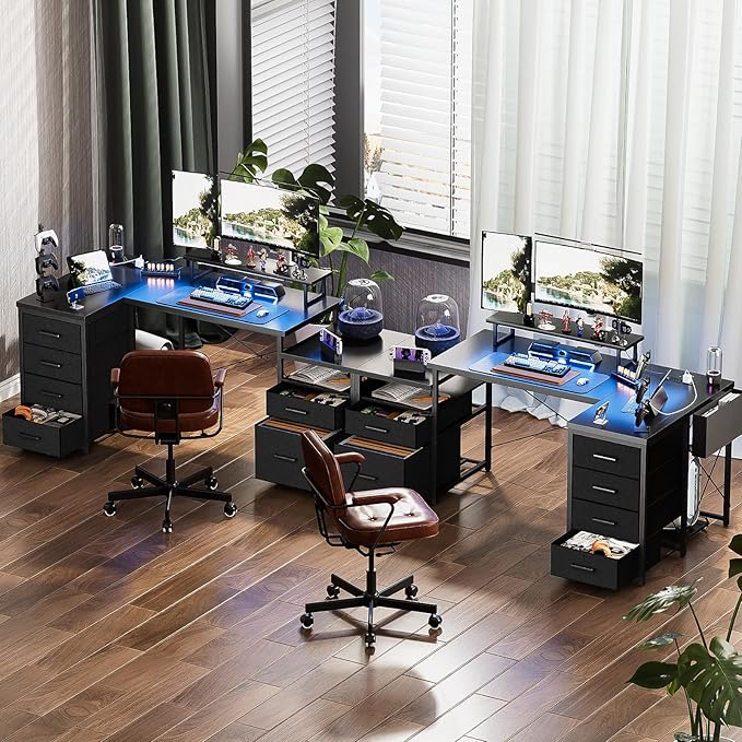 Unikito Reversible L Shaped Computer Desk with Fabric File Drawers 70.8 Large Office Corner Desk with RGB LED Lights &amp Power Outlets &amp Monitor Stand &amp CPU Stand Sturdy L Shape Gaming De
