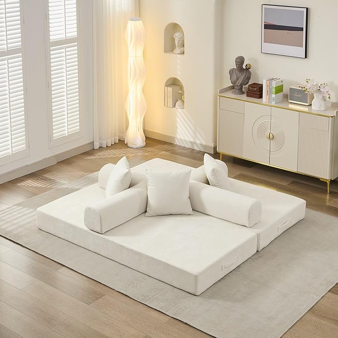 3 in 1 Convertible Futon Sofa Bed Modern King Size Chenille Loveseat Sleeper Sofa Folding 3-Seater Foldable Lounger Couch Bed for Living Room Bedroom Guest Room (Beige 3 Throw Pillows)