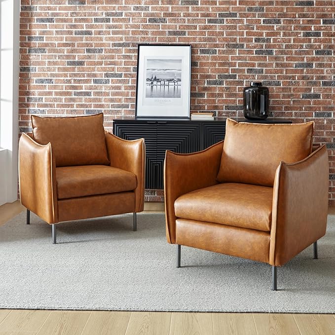 HULALA HOME PU Leather Vintage Armchair Mid Century Accent Chair Club Chairs Set of 2 Arm Chair for Living Room/Office/Bedroom/Study Camel
