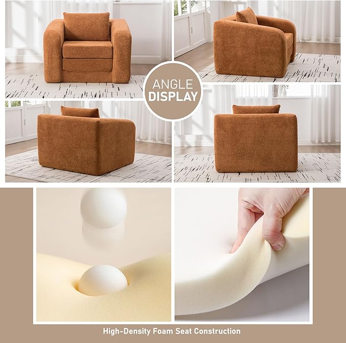 Orange Folding Sofa Bed Single - 40 Convertible Chenille Cloud Sleeper Lounge Chair with Floor Mattress &amp Pillow No Assembly Boneless Fold Out Couch for Bedroom Living Room Dorm (Orange 40 W)