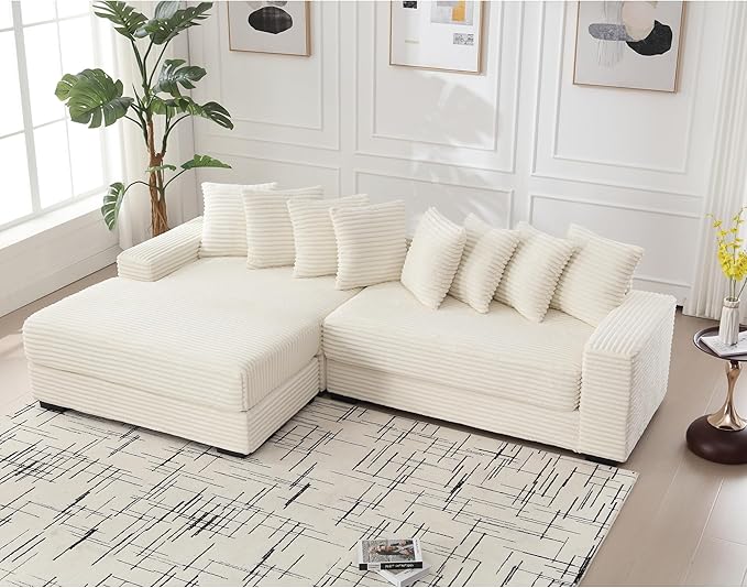 111 Inch Corduroy Sectional Couches for Living Room | L-Shaped Sectional Couch with 8 Pillows | Cloud Couch with Deep Seat | Solid Wood Frame Sofa Beige (Left Facing Chaise)