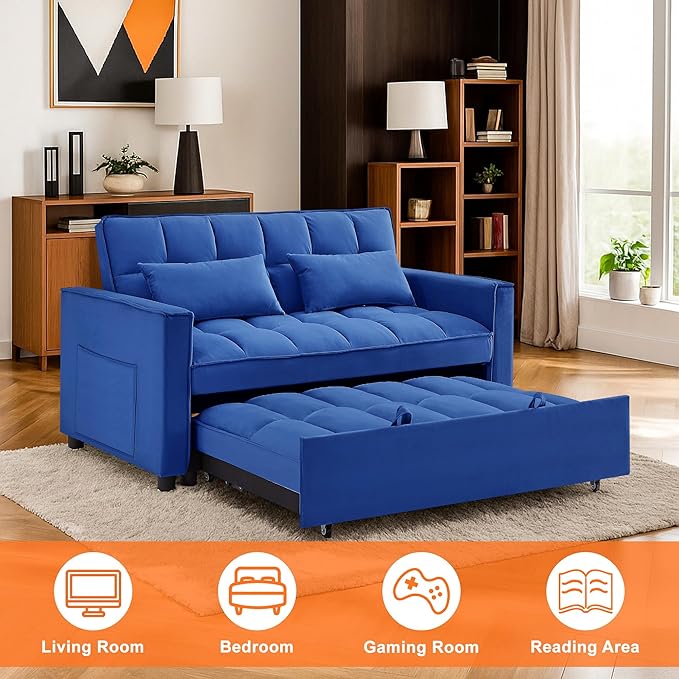 3 in 1 Convertible Sleeper Sofa BedFuton Loveseat Couch with Pull-Out Bed &amp Adjustable BackrestVelvet Fabric Sofa with Side Pocket for Small Apartment Living Room Office (Blue)